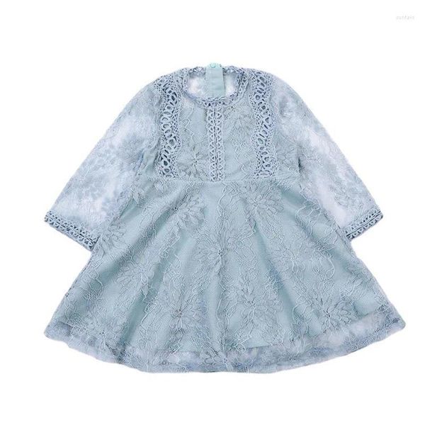 Robes de fille 2023 Dernières printemps enfants robe en dentelle style coréen fleur princesse robes en couleur bleue au-dessus du genou longueur vêtements avec manche