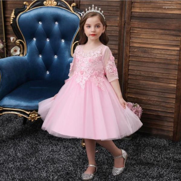 Fille robes 2023 belle fille fête robe formelle pompeuse princesse arc moyen manches enfants fleur vêtement pour enfants 2-10 ans