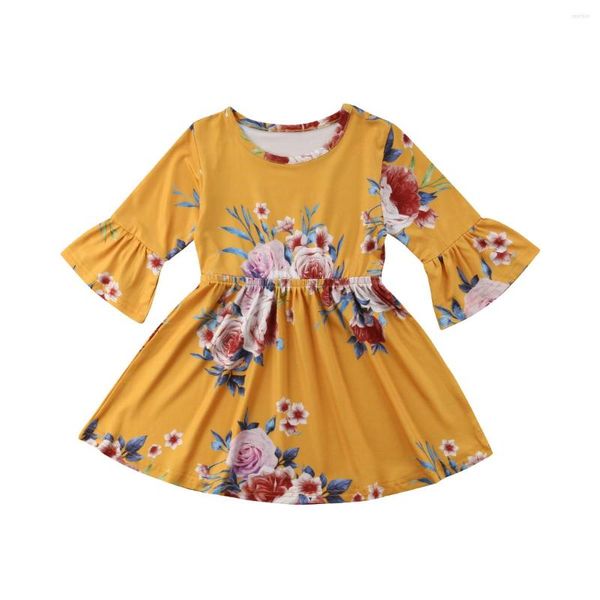 Robes de fille 2023 Ly Summer Lovely Princess Dress 1-6Y Toddler Baby Girls Long Flare Sleeve Floral Print A-Line Knee-Length Yellow