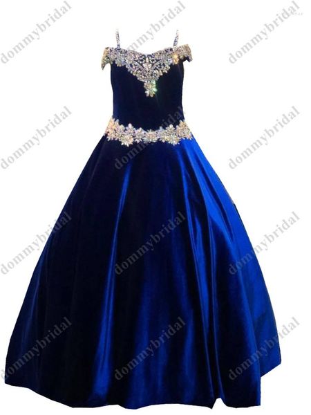 Vestidos de niña 2023 Moderno Terciopelo azul real Boho Hombro frío Niñas Pageant Prom Formal para niños Adolescentes Cristales Corsé largo