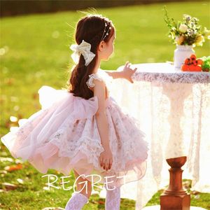 Vestidos de niña 2023 vestido de flores rosadas con lazo de manga corta para niñas, fiesta de boda, encaje de tul, vestido de fiesta de princesa para bebé, bata de ceremonia para niña