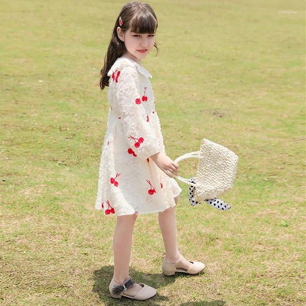 Robes de fille 2023 printemps et été col de poupée revers Yin motif pêche robe blanche bébé 3-12 ans jupe de princesse à manches longues