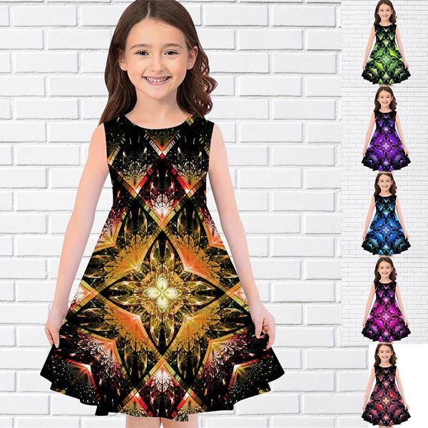 Robes d'été pour filles, impression 3D, robe de princesse sans manches, débardeur, jolie fleur de symétrie géométrique, pour enfants, 2023