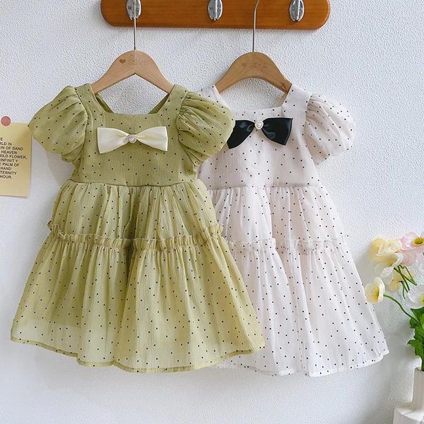 Robes d'été pour filles, manches courtes, col rond, nœud à pois, abricot, Roupa Infantil Menina, robe de soirée mignonne, 4-7T, nouvelle collection 2023