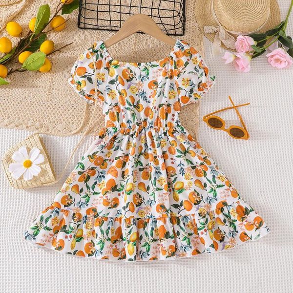 Robes de fille 2023 Arrivée d'été Filles Manches courtes O Cou Imprimer Fruit Orange Mignon Roupa Infantil Menina Robe de soirée Custume 18M-7T