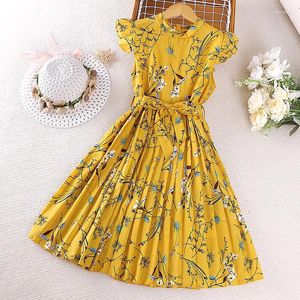 Meisjesjurken 2023 Zomer Collectie Meisjes Mouwloze Ruches Print Bloemen Geel Roupa Infantil Menina Leuke Cheongsam Jurk Custume 18M-7T