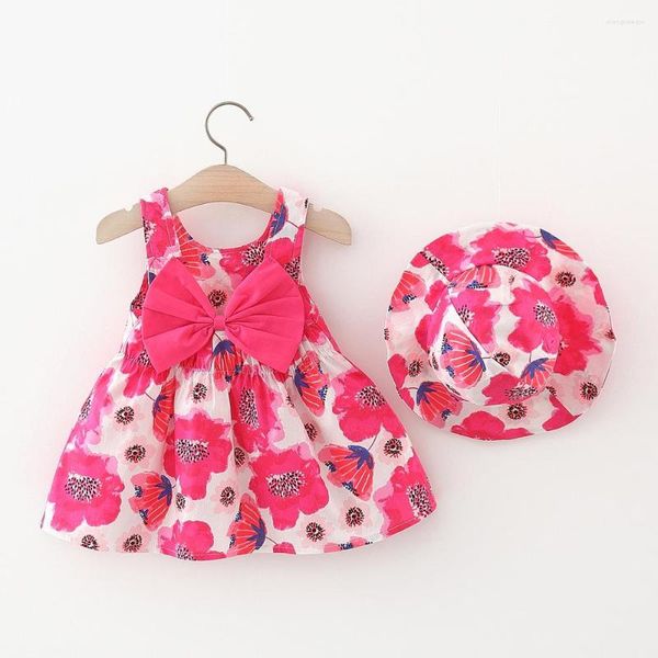 Robes de fille 2023 Summer Baby Girls Flower avec des chapeaux pour la mode de plage Bow Born