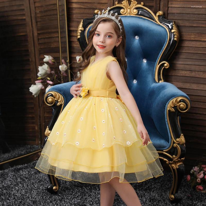 Kız Elbiseler 2023 Yaz Çocuk Elbisesi Prenses Çiçek Kız Girliler Podyum Kostüm Sarı Çiçek Süper Peri Kolu