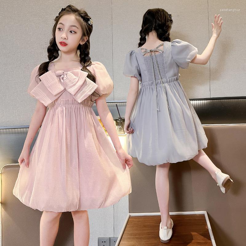 Girl -jurken 2023 Zomermeisjes kleding medium en grote kinderen mesh bowknot elegante prinses Franse stijl mode