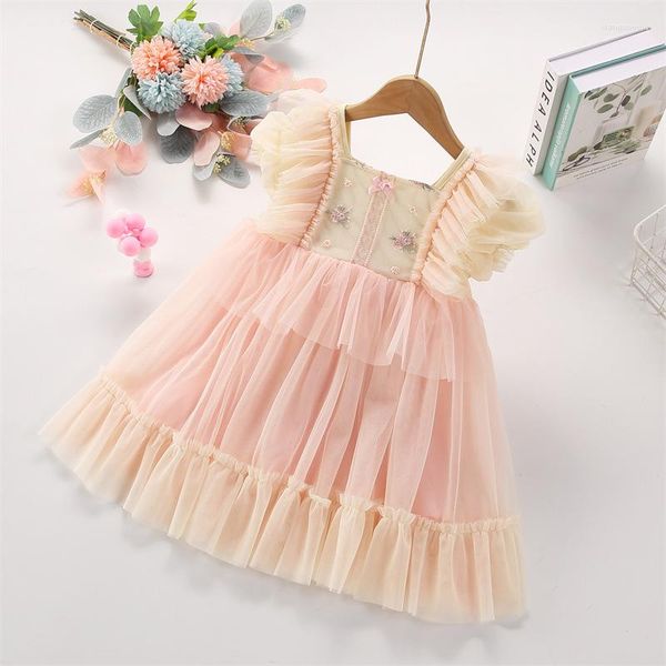 Vestidos de niña 2023 Niñas de verano Manga acampanada Volantes Vestido de pastel para niños Princesa Tul Cumpleaños Ropa bordada Ropa causal para niños pequeños