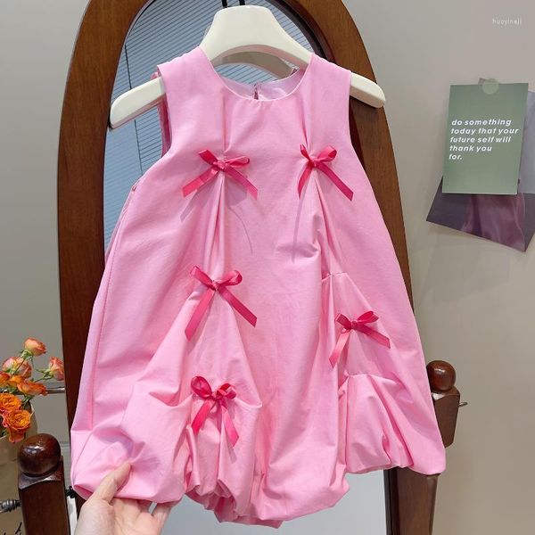 Fille Robes 2023 Été Filles Coréenne Robe Sans Manches Bébé Arc Coton Jupe Intérieure Enfants Rose Couleur De 1 À 7 Ans Robes Col Rond