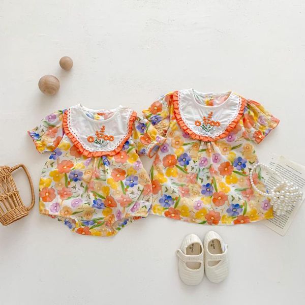 Vestidos de niña 2023 verano infantil hermana mirada flor algodón borde decorativo bebé mameluco bordado manga corta vestido de niño