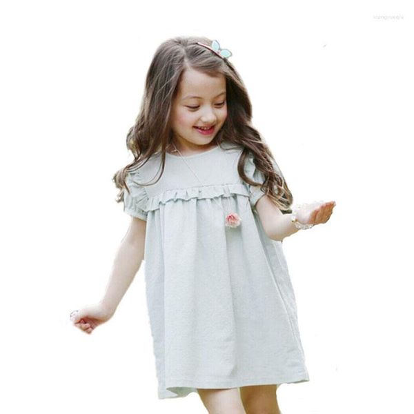 Fille robes 2023 été enfants vêtements bébé filles manches bouffantes robe solide vert qualité coton lin décontracté enfants volants