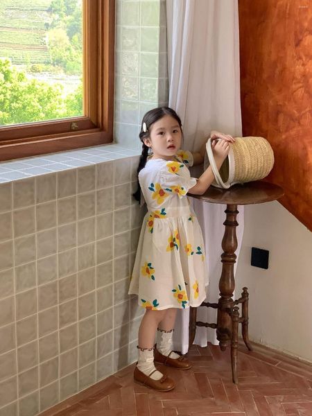 Fille Robes 2023 ÉTÉ Enfants Robe Corée Style Col Carré Fleurs Imprimer Coton De Mode À Manches Courtes Noeud Papillon Conception