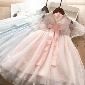 Fille robes 2023 été enfants décolleté perle flocon de neige brillant maille robe filles vêtements pour enfants en gros