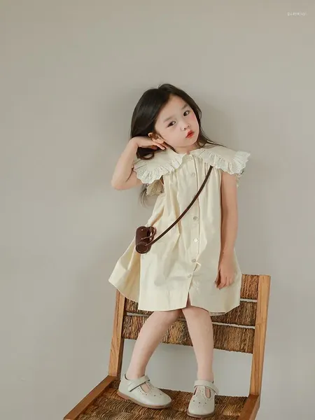 Vestidos para niñas, verano 2023, vestido de estilo coreano para niños, sin mangas, borde con volantes, botón, diseño de moda, bonito y dulce para niñas