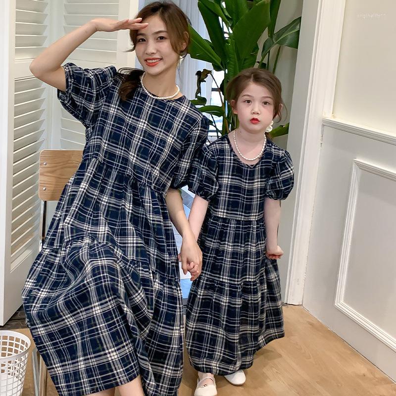 Girl Dresses 2023 Summer Parent-child Dress Mother And Daughter Round Neck Short Sleeve Plaid Cotton Korean Girls'