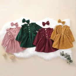 Vestidos de niña 2023, ropa para bebés pequeños, cintura alta, Midi, manga larga, cuello redondo, volantes, botones, princesa, vestido de otoño plisado, conjuntos de diadema