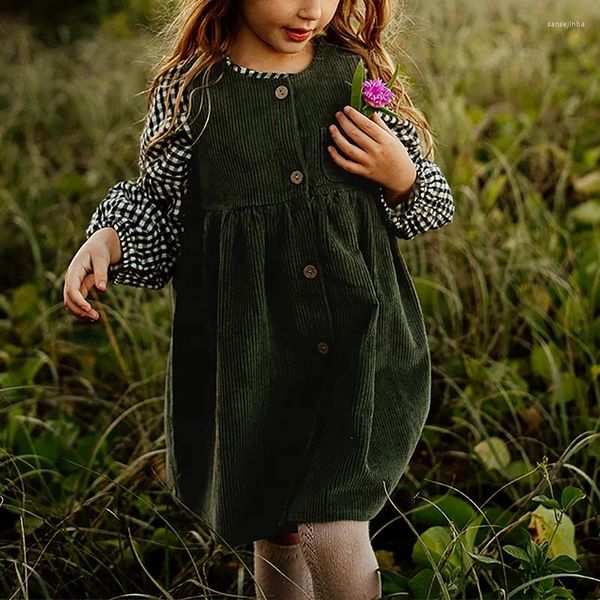 Robes de fille 2023 robe vintage pour enfants automne plaine velours côtelé simple boutonnage sans manches vêtements coréens filles de 2 à 7 ans