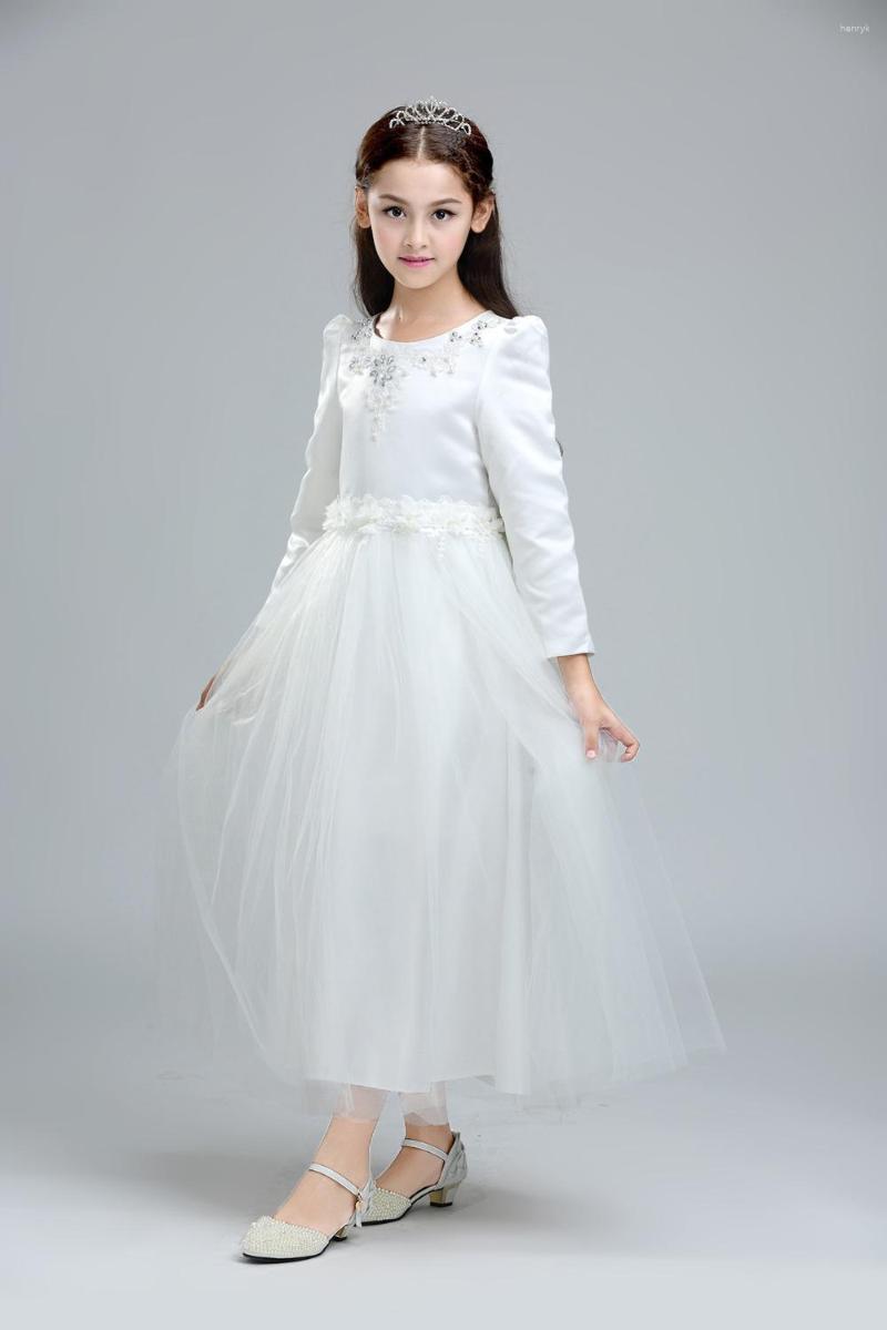 Girl Dresses 2023 White Lace Long Sleeve Flower For Wedding Ball Gown Holy Communion Ankle-Length Pageant