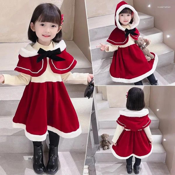 Vestidos para niña, invierno 2023, 1-6 años, vestido de Navidad para niñas, capa de terciopelo rojo, disfraz acampanado para fiesta de año, ropa para niños