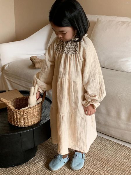 Robes d'automne pour petites filles, tenue de princesse, couleur unie, Simple, manches bouffantes, vêtements décontractés pour enfants de 2 à 6 ans, 2024
