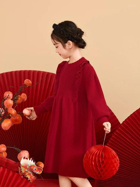 Vestidos de niña 2024 Otoño Niños Vestido de niños Ropa de Navidad para niñas Suéter de manga larga con volantes de punto rojo para niñas 4 5 6 7 8 años