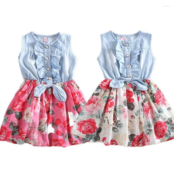 Robes de fille 2024 Costume de bébé enfants vêtements décontractés quotidiens filles robe d'été florale enfants au-dessus du genou tenue robe sans manches 1-10 ans