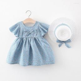 Girl -jurken 2024 Babyjurk Fashion Flower Zomer babykleding Mouwloze katoenen peuter Sunhat