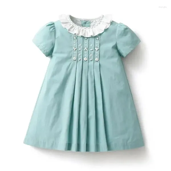 Vestidos para niñas 2024, vestido hecho a mano para niñas, bordado ahumado, vestido de verano de manga corta para niños, ropa de flores de algodón para niños pequeños