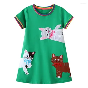 Robes d'été pour petites filles, tenue verte avec de jolis chats, en coton, à manches courtes, vêtements décontractés et doux pour enfants de 2 à 7 ans, 2024