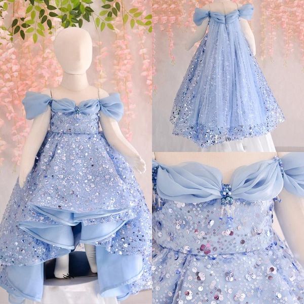 Robes de fille à fleurs bleues, pour mariage, à volants, à paillettes, perles bouffantes avec châles, robes de luxe pour fête d'anniversaire pour enfants, 2024