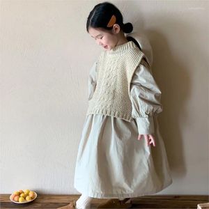 Robes de fille 2024 enfants filles automne hiver vêtements ensemble coton tricoté chaud épais châle costume col bouffant solide robe ample tenue enfant