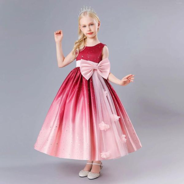 Robes de soirée de noël pour filles, à la mode, avec gros nœud floral, longue, pour fête de Banquet, princesse, rouge, de 3 à 12 ans, 2024