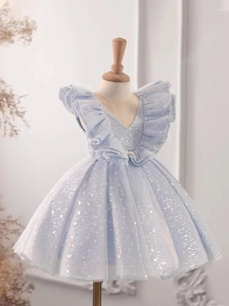 Robes de fille 2024 Robe de princesse élégante pour bébé filles une pièce bleu piano jouant performance vêtements à manches volantes