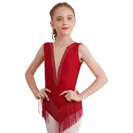 Robes de fille 2024 enfants filles gland danse latine justaucorps robe brillant strass sans manches frangé body patinage artistique gymnastique