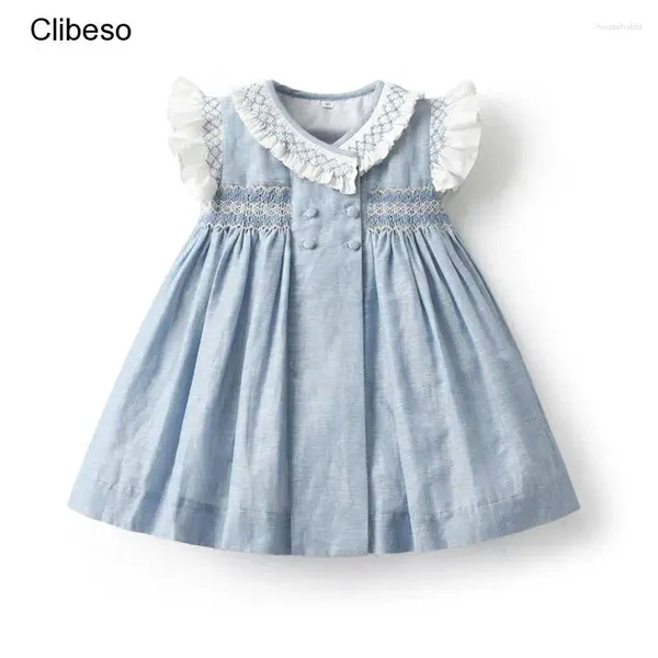 Vestidos para niñas 2024, vestido español para niñas, vestido azul hecho a mano con volantes y mangas con cuello, bordado ahumado para bebés