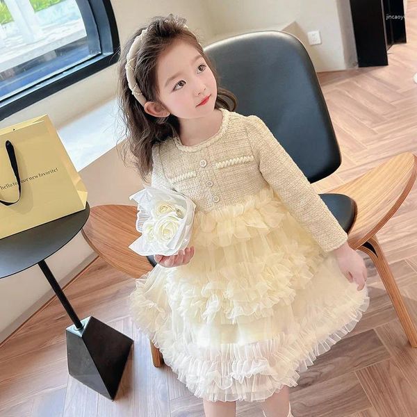 Vestidos de niña 2024, vestido coreano de primavera para niños, vestido de algodón con retazos, pequeña burbuja, sólido, manga larga, princesa para chico joven