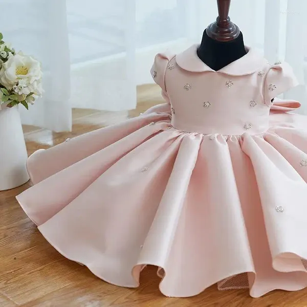 Robes de fille 2024 robe de perle rose pour bébé filles première fête d'anniversaire enfants princesse robe de bal infantile arc enfant en bas âge robe de baptême