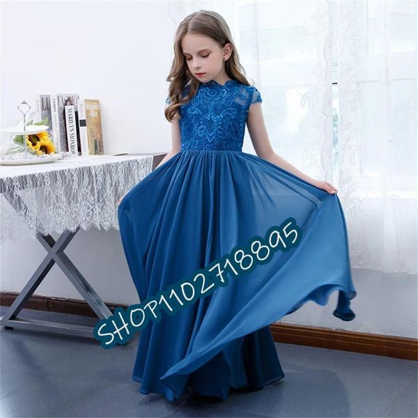 Robes de fille 2024 bleu Royal en mousseline de soie dentelle fleur filles robe manches cape a-ligne Junior robe de demoiselle d'honneur fête d'anniversaire