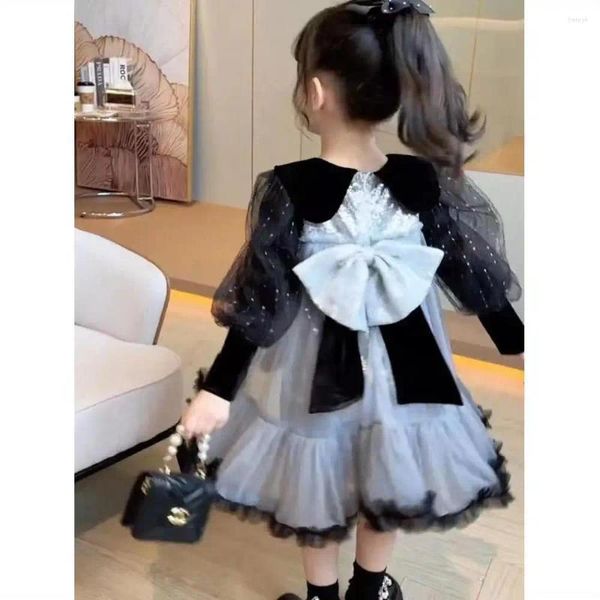 Vestidos de niña 2024, ropa de primavera y otoño para niñas, vestido con cuello de muñeca, pajarita de lentejuelas, versión coreana, moda de princesa