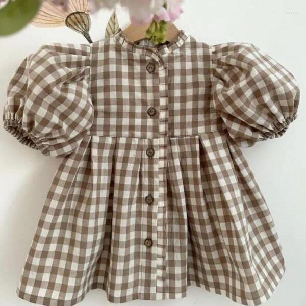 Robes de fille 2024 printemps été enfants rétro Cardigan Plaid manches bouffantes tenue décontractée enfant bébé coton fête princesse