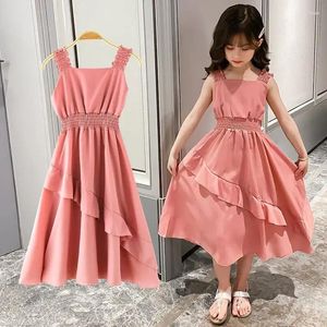 Vestidos de niña 2024 Primavera Verano niños niñas volantes gasa pliegue Formal princesa niños tirantes falda 4 5 6 7 8 10 11 12 13 años