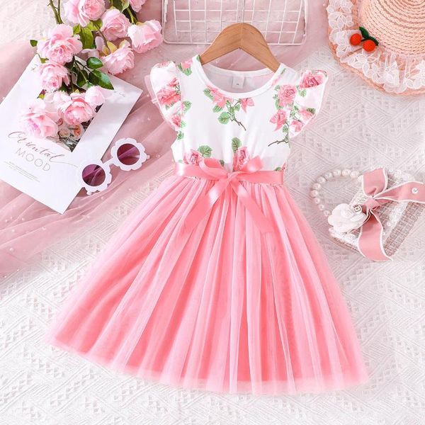 Robes de fille 2024 Arrivée d'été Girls sans manches o coudes de cou floral rose créateur mignon fête de princesse robe custume 4-7t