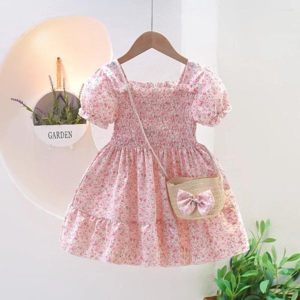 Robes d'été pour filles, vêtements pour bébés filles, manches courtes, jupe princesse florale, petite douceur, avec sac cadeau, 2024