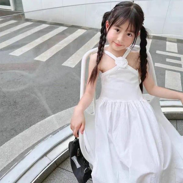 Robes de fille 2024 Été bébé filles blanches longues robes de tension princesse croix halter ouverte épaule enfants vêtements vestidos 3 à 8 ans