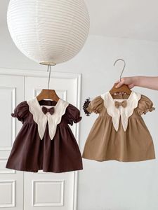 Robes d'été pour filles, manches bouffantes, tenue décontractée, Style Preppy, col de poupée, Vintage, vêtements de princesse pour enfants, 2024