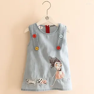 Meisje Jurken 2024 Zomer Mode Kleine Borduren Cartoon Hond Tankvest Met Knopen O-hals Baby Meisjes Kids Denim Jurk