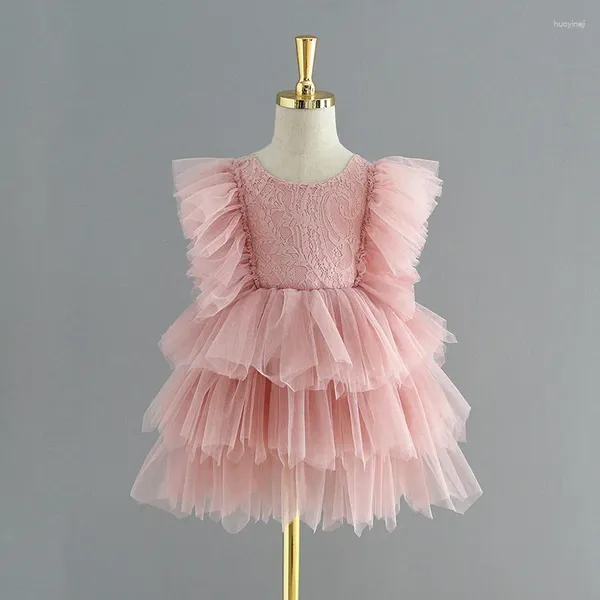 Vestidos de niña 2024 hilo de verano vestido de pastel de princesa espalda con cuello en V encaje manga aleteo Ropa de baile para niños