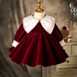 Robes de fille 2024 Robe de fleur rouge vin pour mariage à manches longues bébé filles vêtements de Noël enfant 1ère année fête d'anniversaire robe de bébé